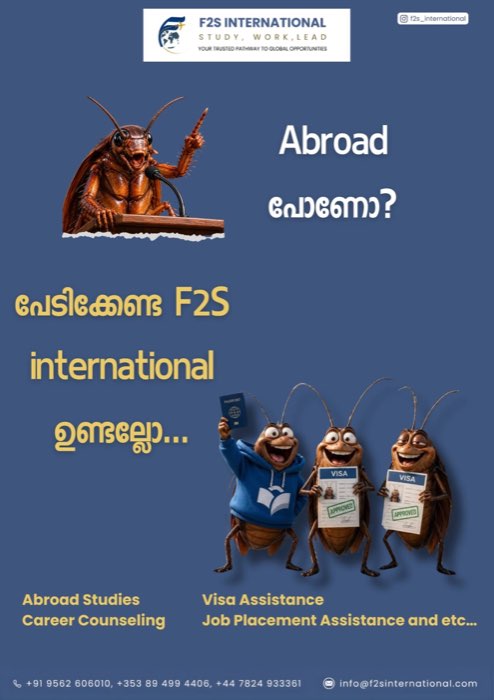 Malayalam poster about abroad studies, career counselling, visa assistance and job placement with F2S International
