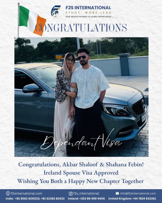 Congratulations post for Akbar Shaloof and Shahana Febin on an approved Ireland spouse visa