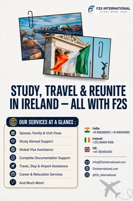 Poster listing F2S services at a glance: spouse and family visas, study abroad, global visa assistance, documentation and relocation