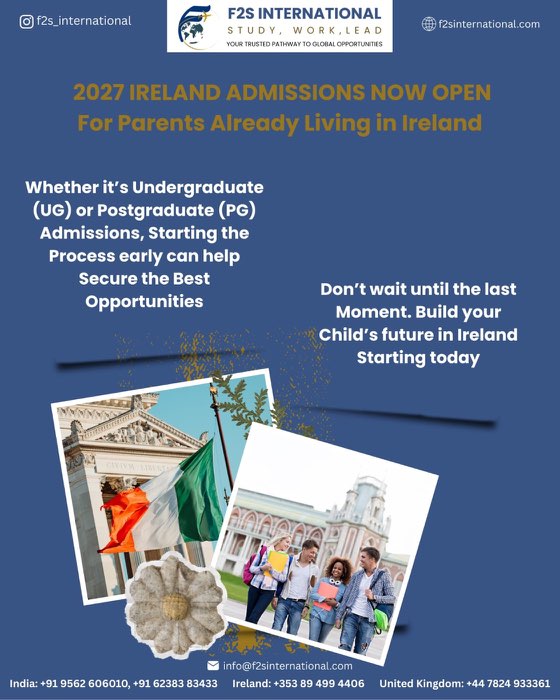 Poster announcing that 2027 Ireland admissions are open for parents already living in Ireland