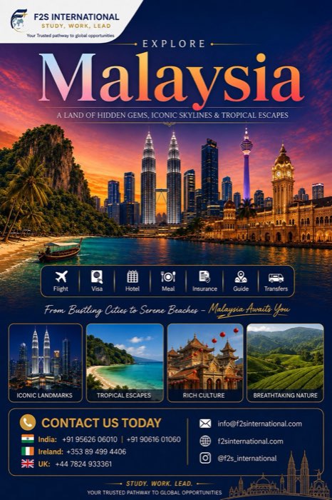 Malaysia tour package poster showing the Kuala Lumpur skyline, beaches, temples and rainforest