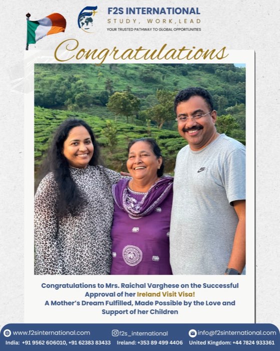 Congratulations post for Mrs Raichal Varghese on her approved Ireland visit visa, with a family photo in a tea plantation