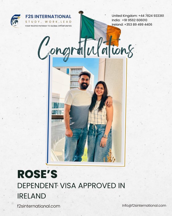 Congratulations post for Rose on an approved Ireland dependent visa, with the Irish flag and a couple's photo