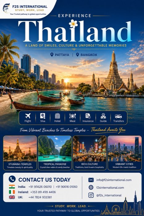 Thailand tour package poster featuring Pattaya and Bangkok, temples, beaches and city skylines