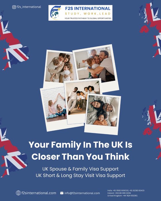 Poster about UK spouse, family and visit visa support, with family photographs over a Union Jack map