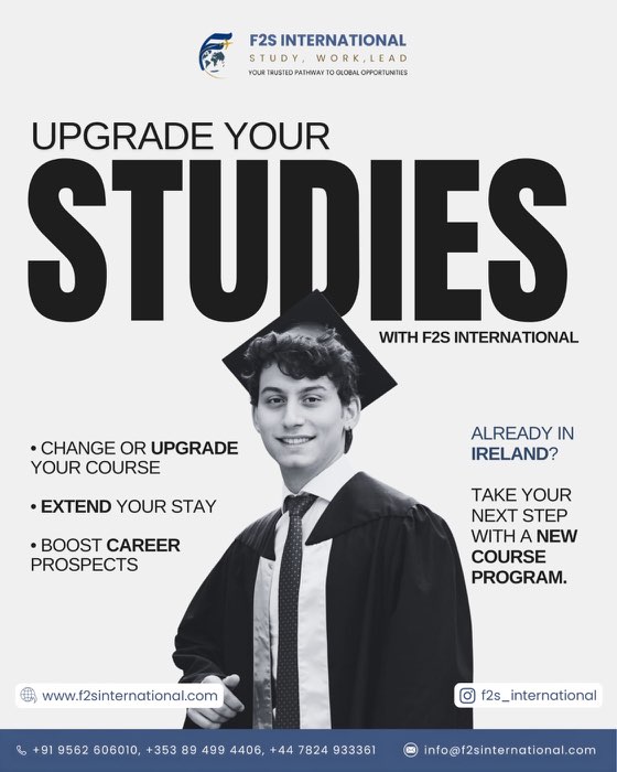 Poster reading Upgrade Your Studies, showing a graduate in cap and gown, for students already in Ireland